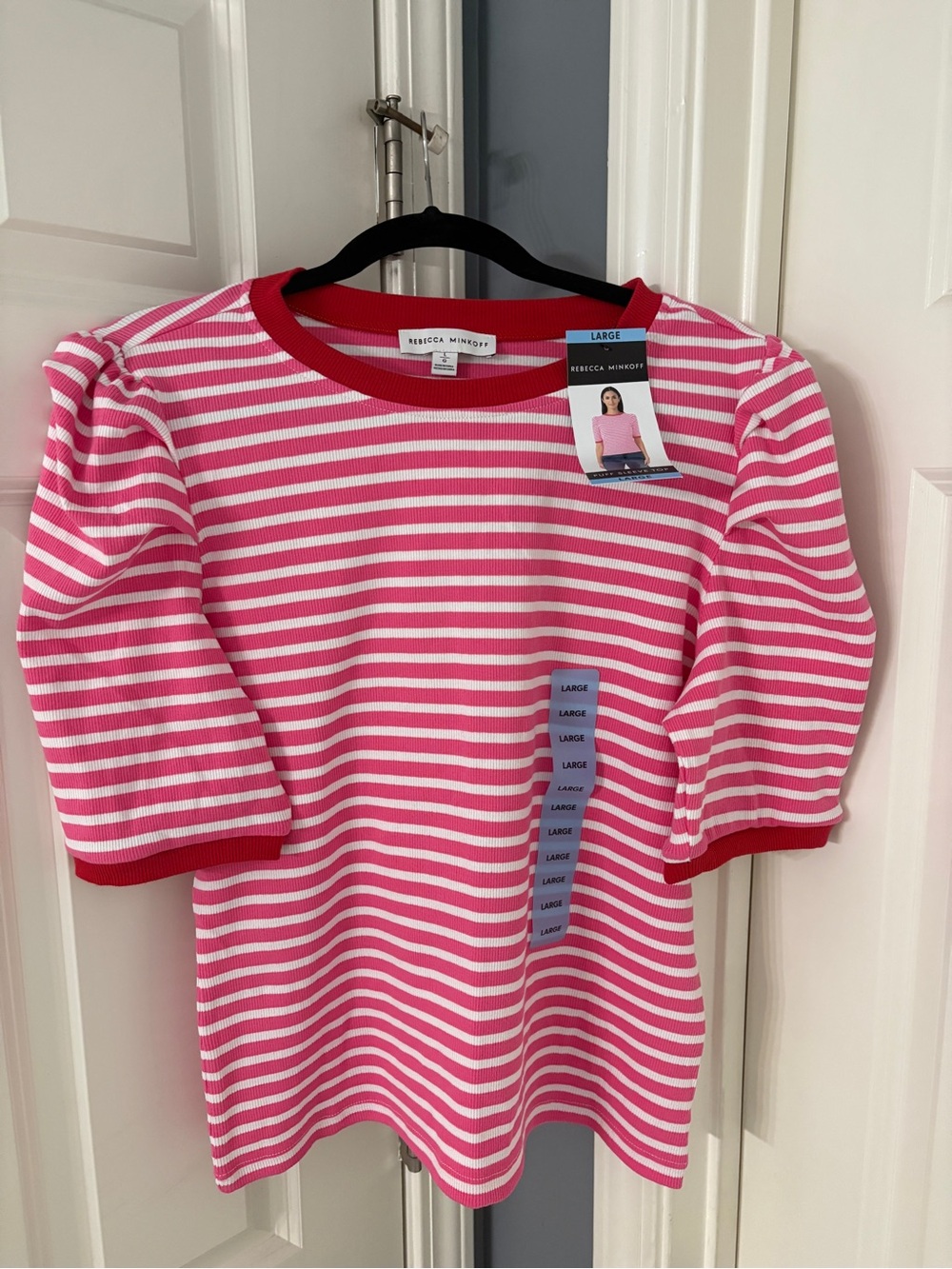 Rebecca Minkoff Pink & White Striped Puff-Sleeve Tee with Red Trim